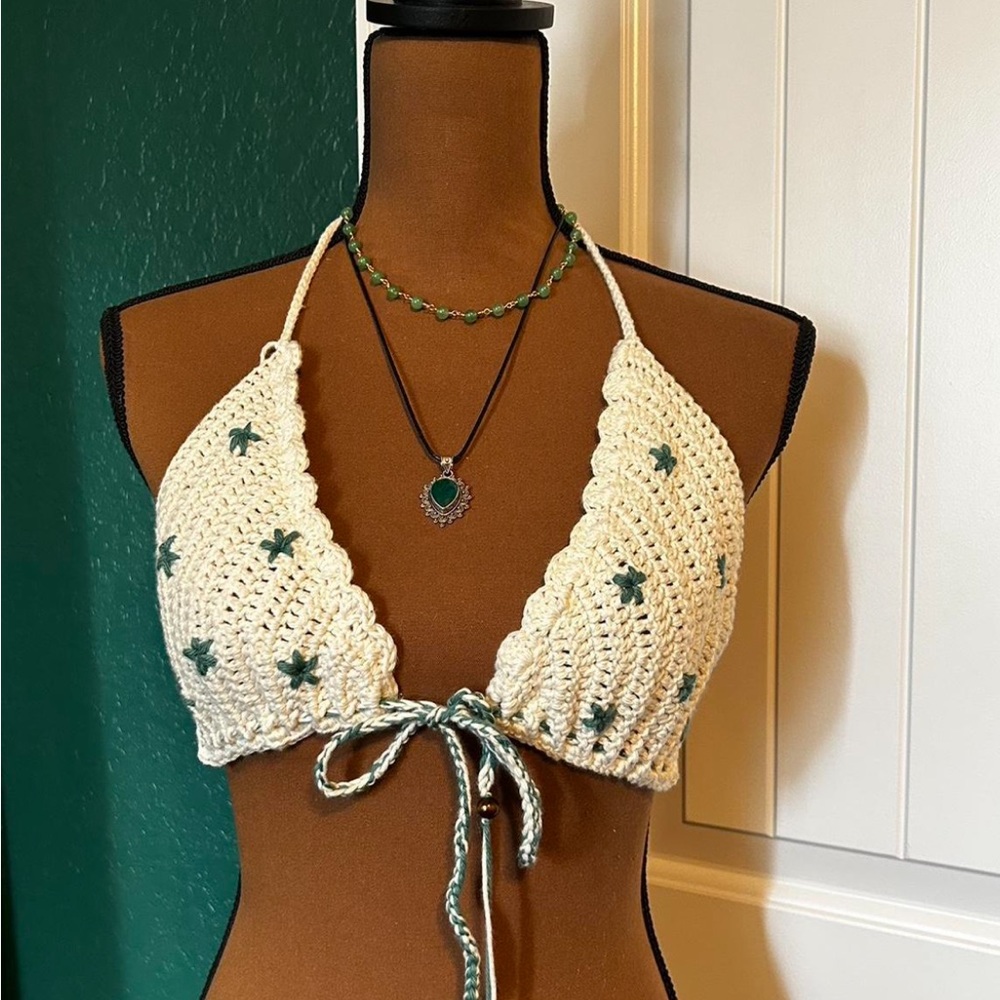 Crochet Triangle top with hand sewed flowers!